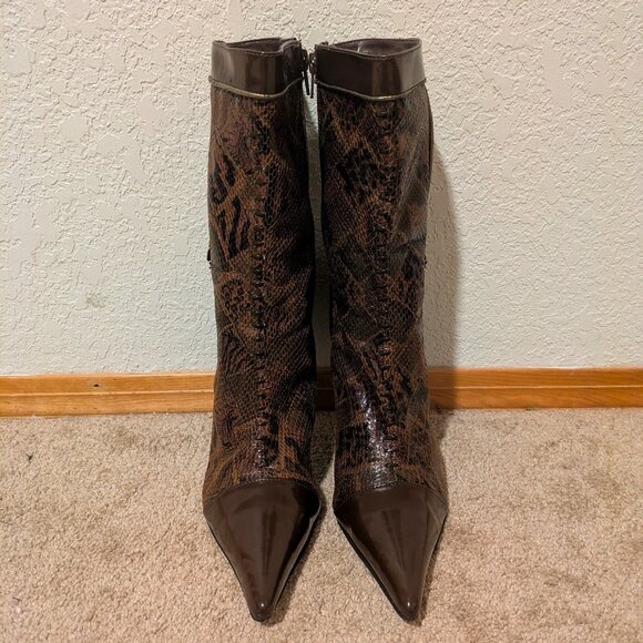 {Wild Rose} SPIRA114 Snake Print Pointed Toe Stiletto Boots Brown 8.5 - Picture 2 of 5
